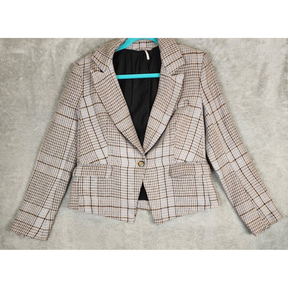 Free People Jacket Womens‎ XS Blue Tan Chess Plaid One Button Linen Blazer
